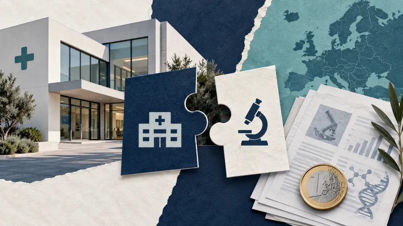 Colagem ilustrativa de clínica e pesquisa médica para venda de participação da Oncoclínicas na Medsir