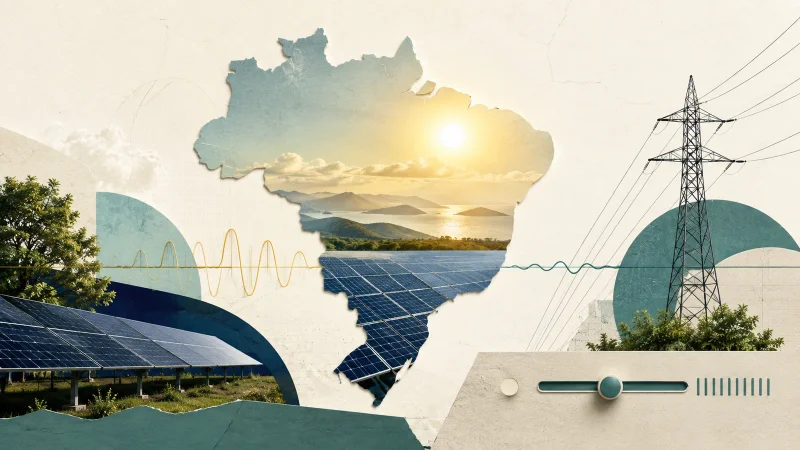 Colagem minimalista com painéis solares, mapa do Brasil e torre de transmissão sobre excedente de energia
