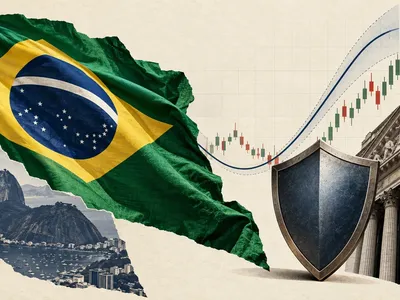 Colagem clean com bandeira do Brasil, gráfico, escudo de proteção e Wall Street
