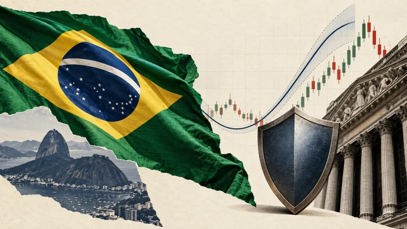 Colagem clean com bandeira do Brasil, gráfico, escudo de proteção e Wall Street