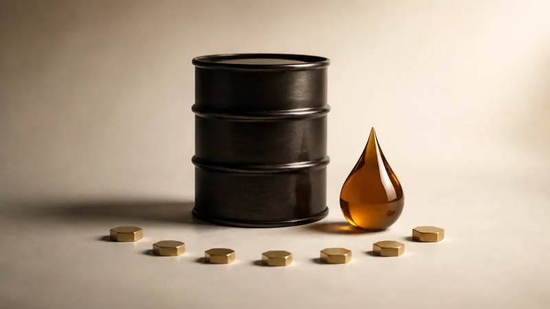 Barril de petróleo e gota de óleo diante de sete marcadores que representam os países reunidos pela Opep+