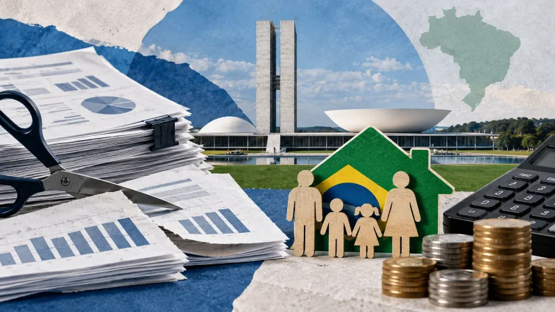 Colagem ilustrativa de documentos do Orçamento federal e cálculo de despesas
