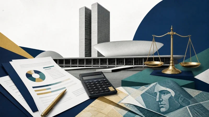 Documentos, calculadora e prédio público representam a proposta de Orçamento da União para 2027