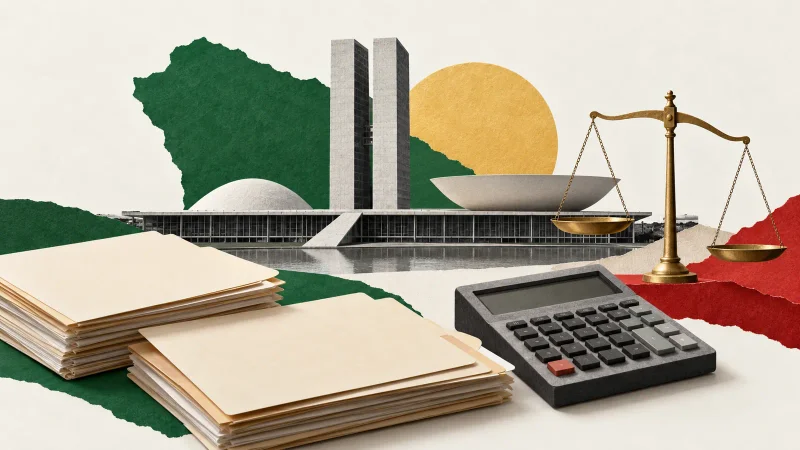 Colagem minimalista com Congresso, pastas de orçamento, calculadora e balança