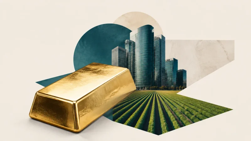 Colagem minimalista com barra de ouro, edifícios corporativos e plantação representando os índices da B3 em agosto