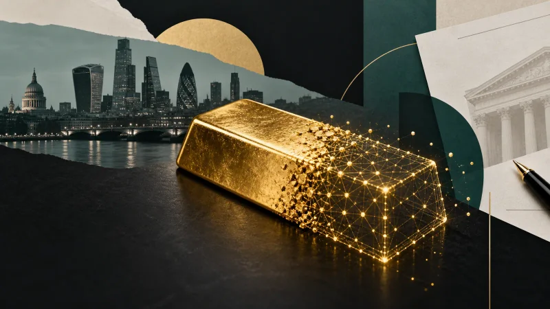 Barra de ouro se transforma em rede digital diante do centro financeiro de Londres