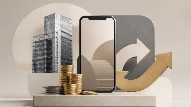 Celular com banco digital, moedas e setas representam dividendos e recompra do PagBank