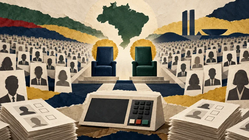 Colagem editorial com urna eletrônica, centenas de candidaturas e duas cadeiras em destaque