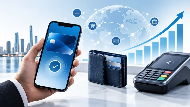 Colagem minimalista com celular, carteira digital, terminal de pagamento e gráfico crescente