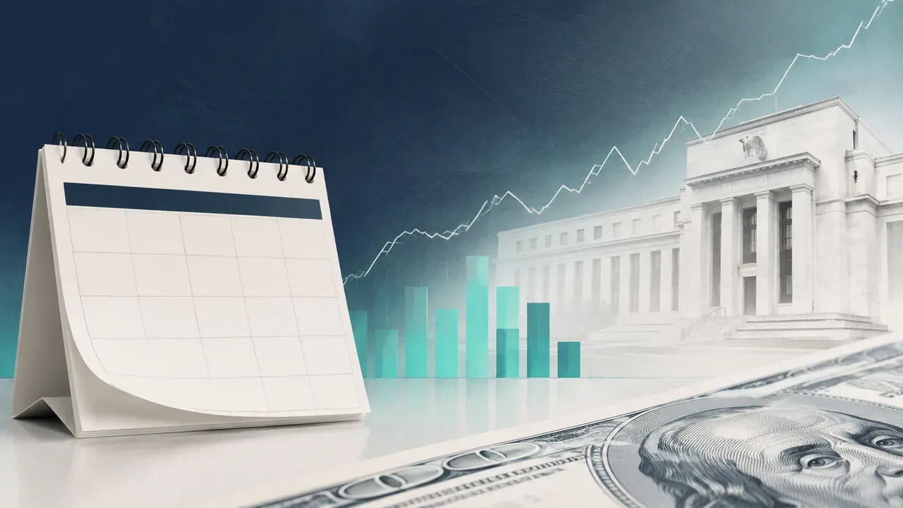 Colagem minimalista com calendário, gráfico de empregos, dólar e banco central representando o payroll dos Estados Unidos