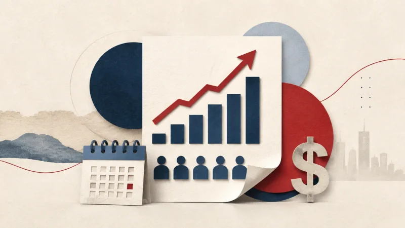 Colagem minimalista com gráfico de empregos, calendário e dólar representando o resultado do payroll de agosto