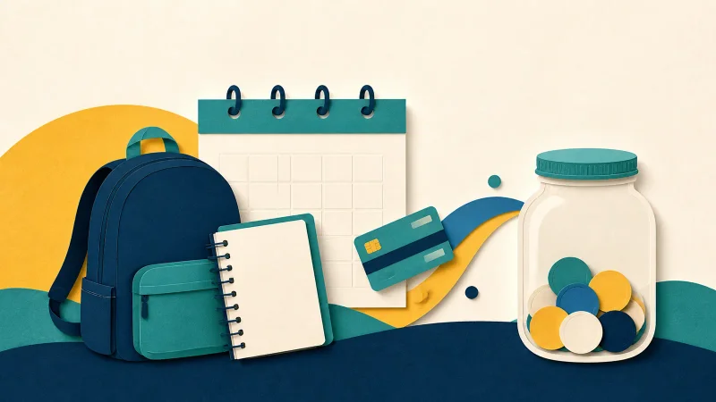 Mochila escolar, calendário e poupança estudantil em colagem editorial