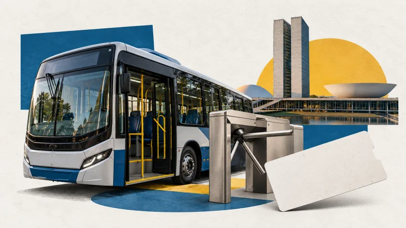 Colagem editorial com ônibus urbano, catraca aberta e Congresso Nacional
