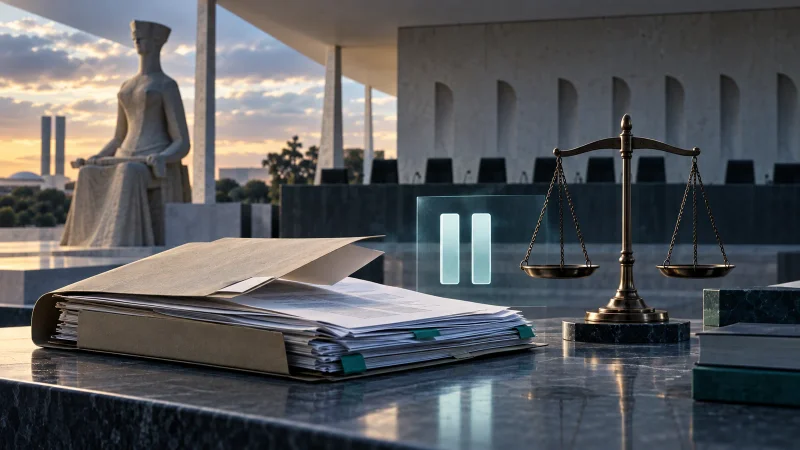 Processo sobre mesa diante do plenário do STF com símbolo de pausa e balança da Justiça
