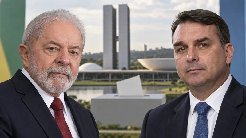 Lula e Flávio Bolsonaro diante do Congresso Nacional em composição editorial neutra