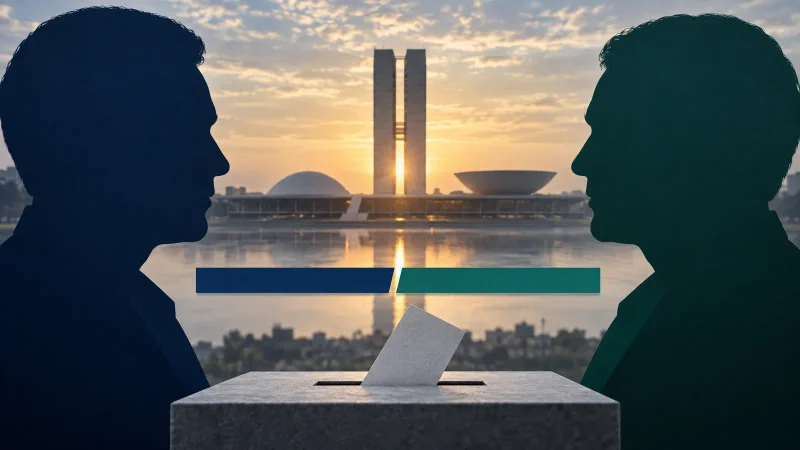 Congresso Nacional, urna e barras equilibradas representam pesquisa eleitoral para a Presidência em 2026