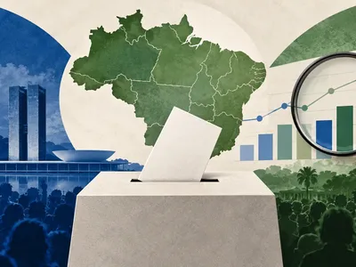 Colagem minimalista com urna, mapa do Brasil, Congresso e gráficos de pesquisas eleitorais