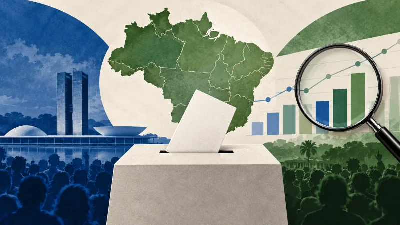 Colagem minimalista com urna, mapa do Brasil, Congresso e gráficos de pesquisas eleitorais