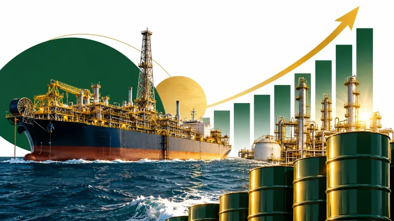 Colagem minimalista com plataforma de petróleo, FPSO, refinaria, barris e gráfico de produção