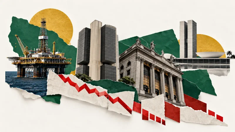 Colagem minimalista com plataforma de petróleo, banco, Bolsa e Brasília