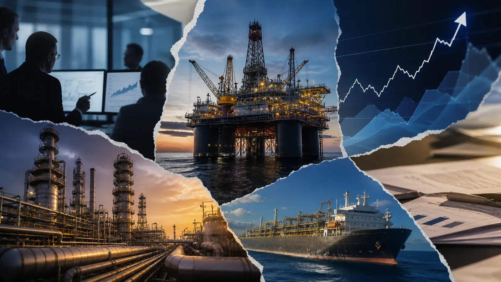 Colagem editorial com plataforma, refinaria e navio representando a avaliação da Petrobras pelo BBI