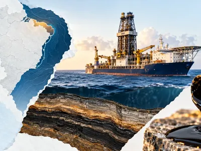Colagem minimalista com navio-sonda, costa norte do Brasil, camadas geológicas e amostra de petróleo