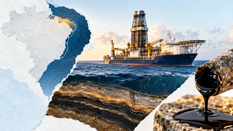 Colagem minimalista com navio-sonda, costa norte do Brasil, camadas geológicas e amostra de petróleo