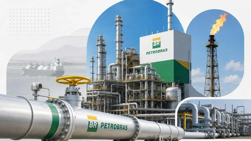 Planta industrial da Petrobras com gasoduto e chama de queimador, representando a venda direta de gás natural à indústria.