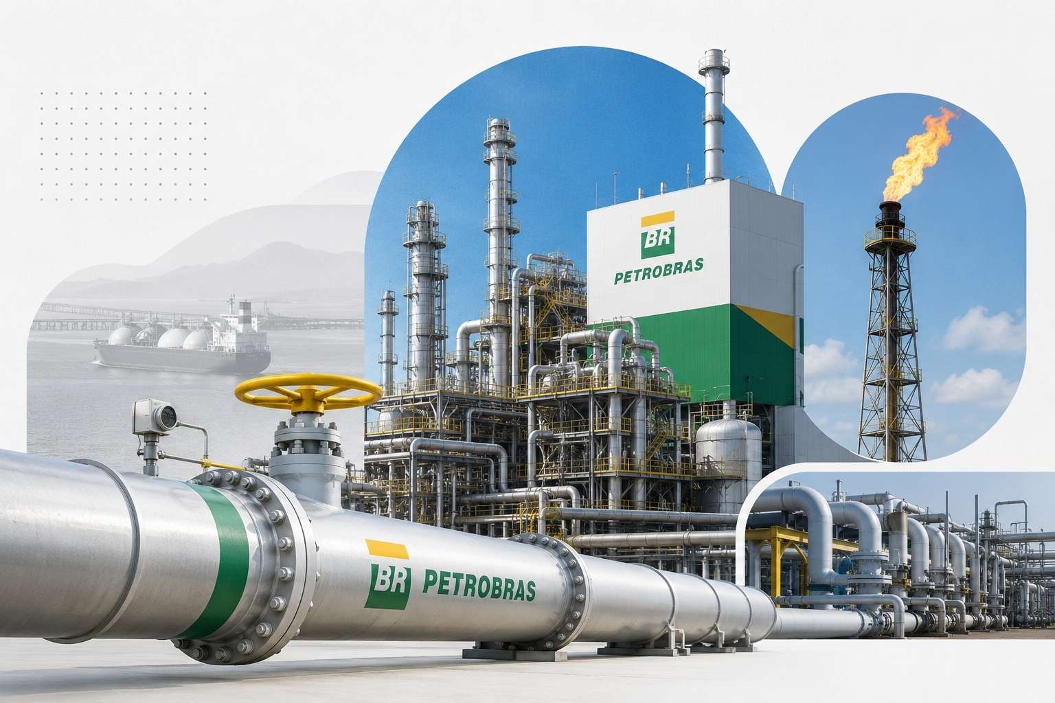 Planta industrial da Petrobras com gasoduto e chama de queimador, representando a venda direta de gás natural à indústria.