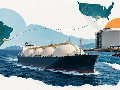 Colagem editorial com navio de GNL, terminal de gás e rota marítima entre Brasil e Estados Unidos