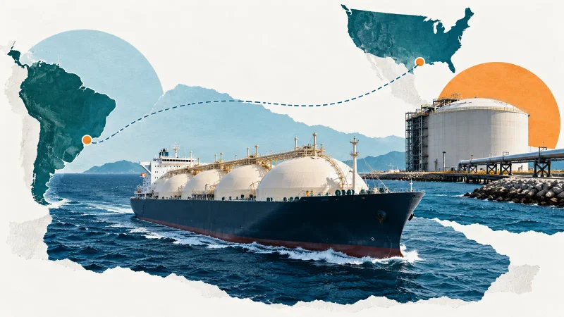 Colagem editorial com navio de GNL, terminal de gás e rota marítima entre Brasil e Estados Unidos