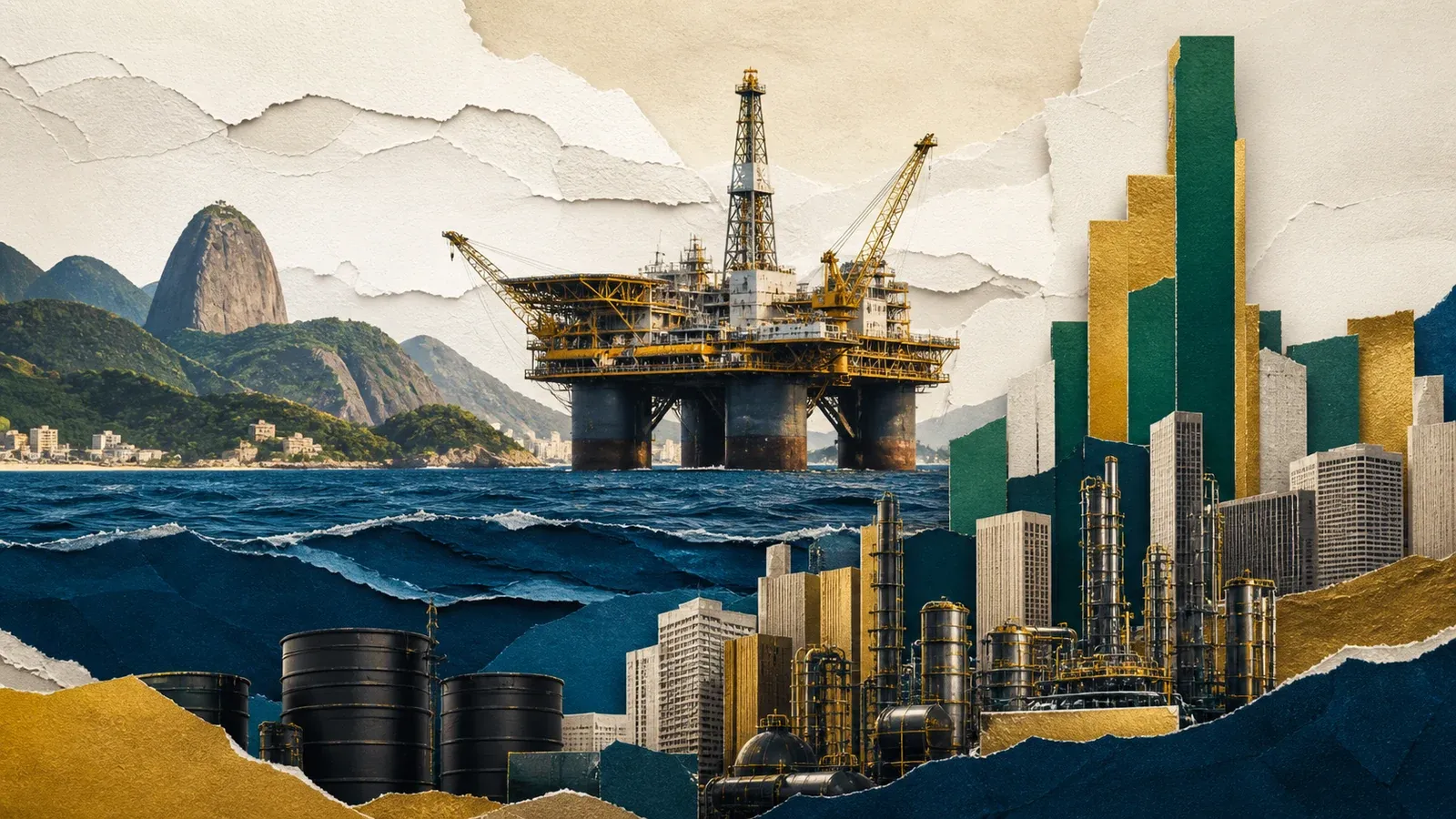 Colagem editorial com plataforma de petróleo e barras financeiras sobre o lucro da Petrobras