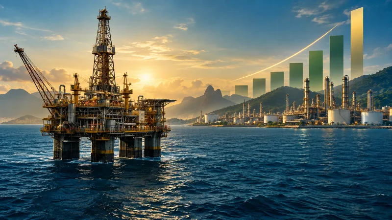 Plataforma de petróleo, refinaria e barras ascendentes representam a margem de lucro da Petrobras