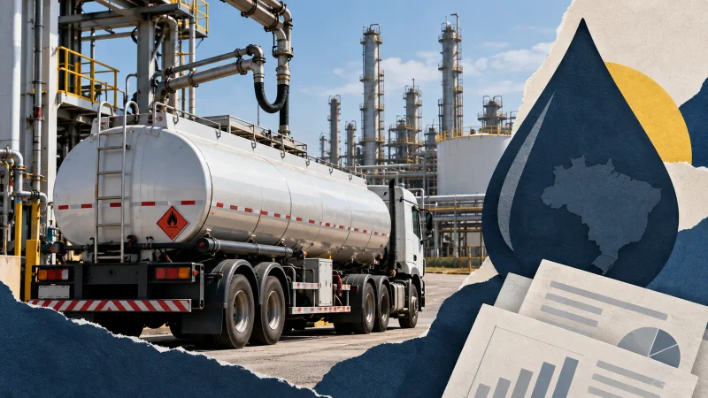Colagem editorial com caminhão-tanque em área de refino e símbolos de combustível e documentos