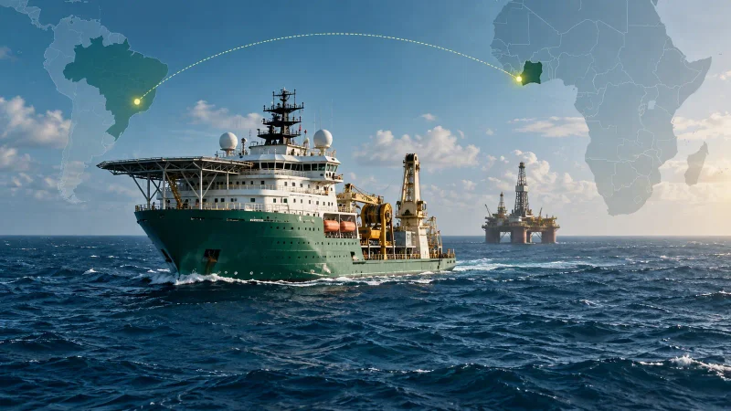 Navio de exploração marítima entre mapas do Brasil e da Costa do Marfim