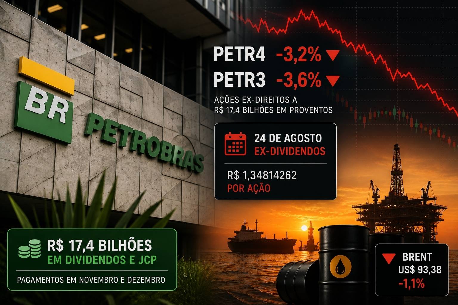 Petrobras (PETR4) cai com petróleo e fica ex-dividendos de R$ 17,4 bi