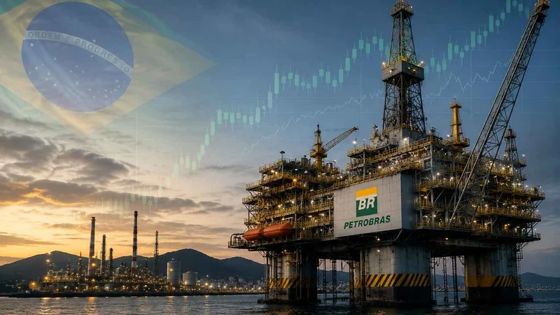 Plataforma de petróleo da Petrobras com refinaria e gráfico de valorização da PETR4 ao fundo.