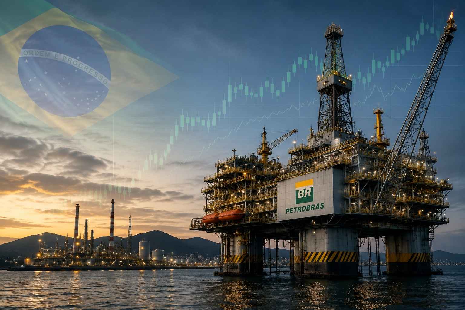 Plataforma de petróleo da Petrobras com refinaria e gráfico de valorização da PETR4 ao fundo.