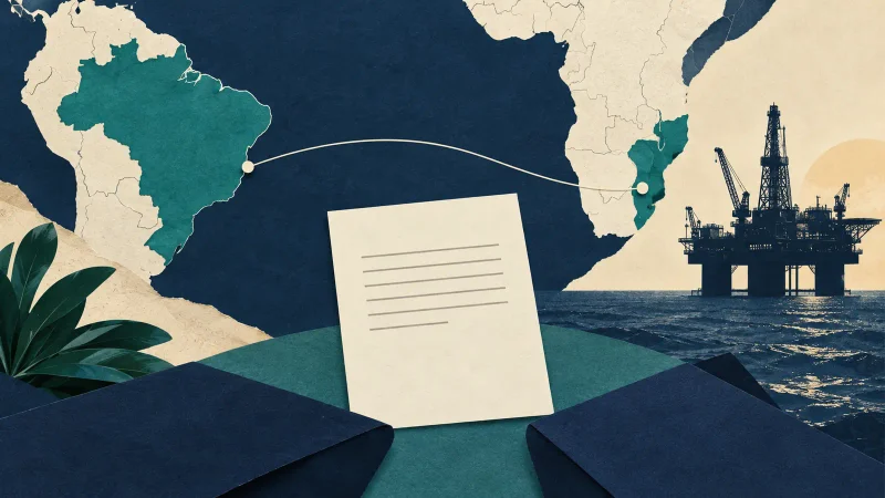 Colagem ilustrativa do Atlântico e plataforma de energia para memorando Petrobras e Moçambique