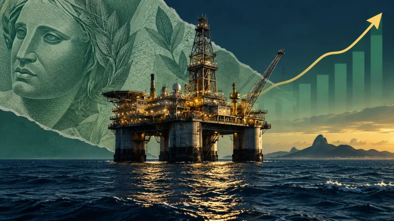 Plataforma de petróleo diante de cédula brasileira e gráfico ascendente representando o recorde de valor de mercado da Petrobras