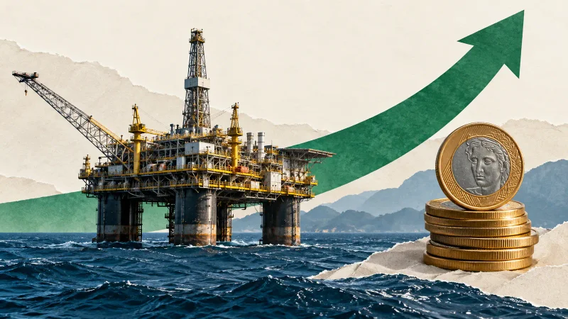 Colagem clean com plataforma de petróleo, moedas e seta verde de valorização