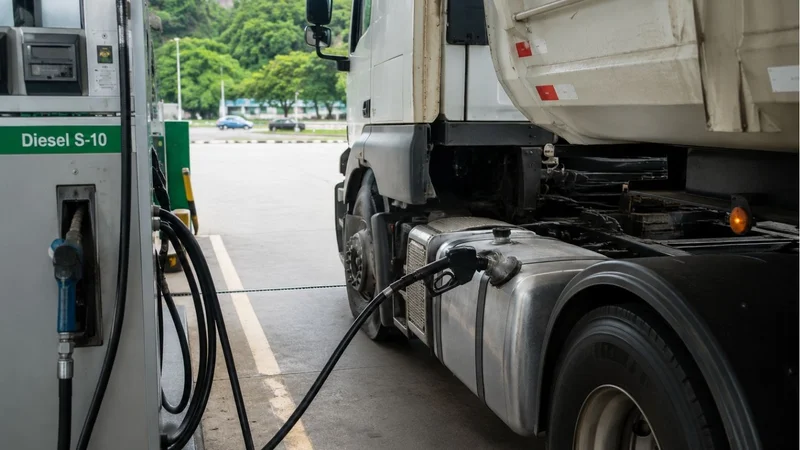 Caminhão abastecendo em posto, com o diesel pressionado pela alta do petróleo.