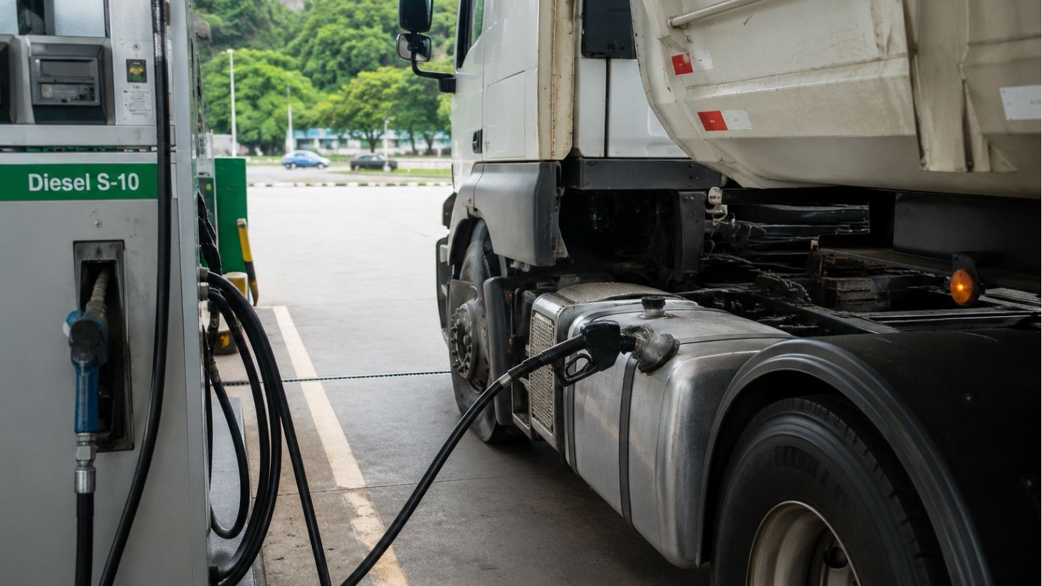 Caminhão abastecendo em posto, com o diesel pressionado pela alta do petróleo.