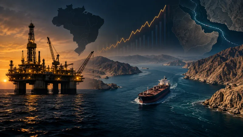 Barril de petróleo e rota marítima em colagem editorial sobre tensão no Oriente Médio