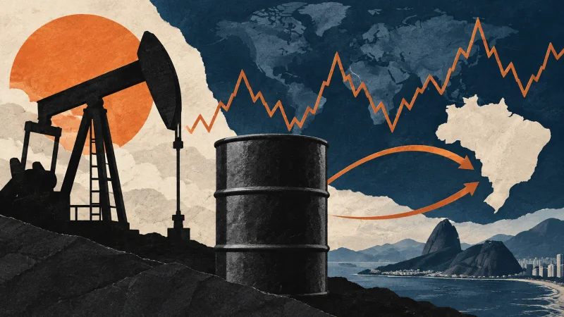 Colagem ilustrativa de petróleo e linha de preço volátil, sem cotação fixa