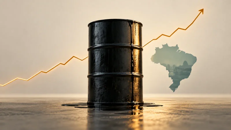 Barril de petróleo com linha de alta e mapa do Brasil ao fundo