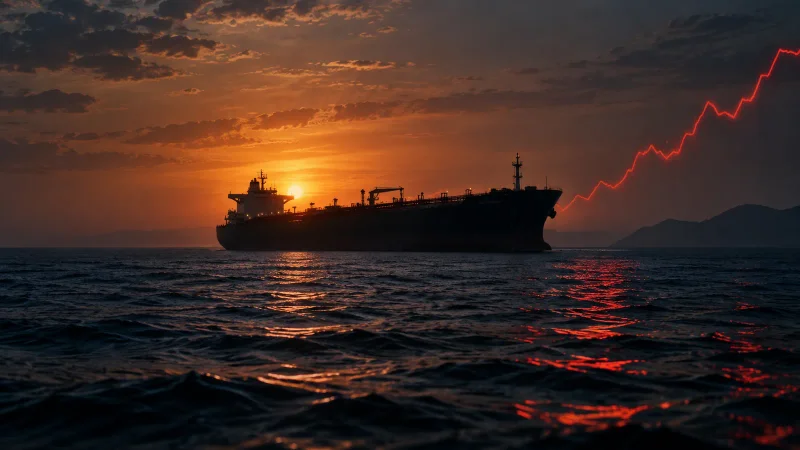 Petroleiro no mar ao pôr do sol com linha vermelha de alta representando o avanço do preço do petróleo