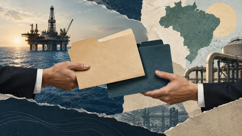 Colagem editorial ilustrativa de infraestrutura de petróleo e pastas de transição de gestão