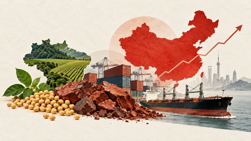 Colagem minimalista com mapas da China e do Brasil, minério de ferro, soja, contêineres e navio cargueiro