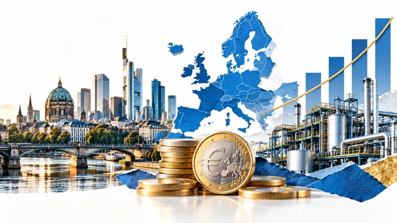 Colagem minimalista com cidades europeias, fábrica, mapa da Europa, moedas de euro e gráfico do PIB
